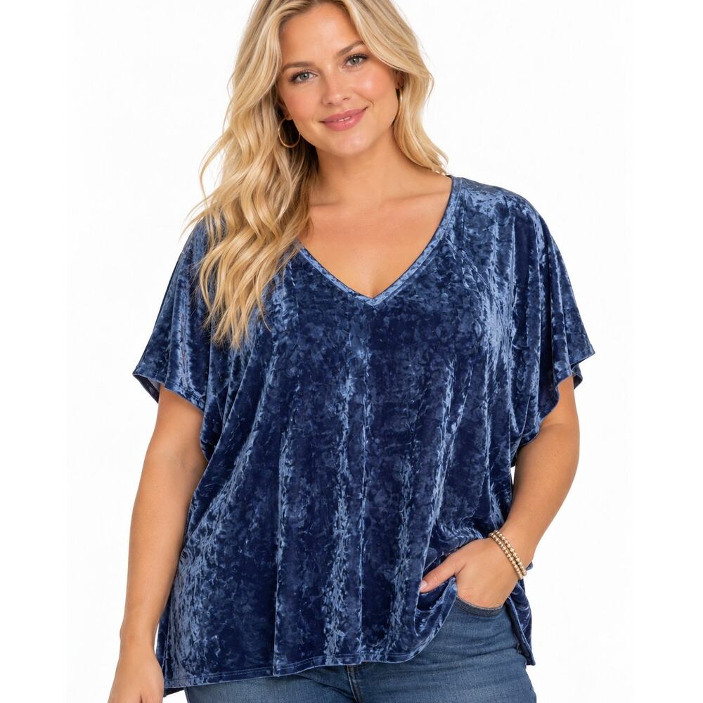 Ellos Crushed Velour Tee Womens Size 3X Blue V-Neck Raglan Soft Velveteen Top